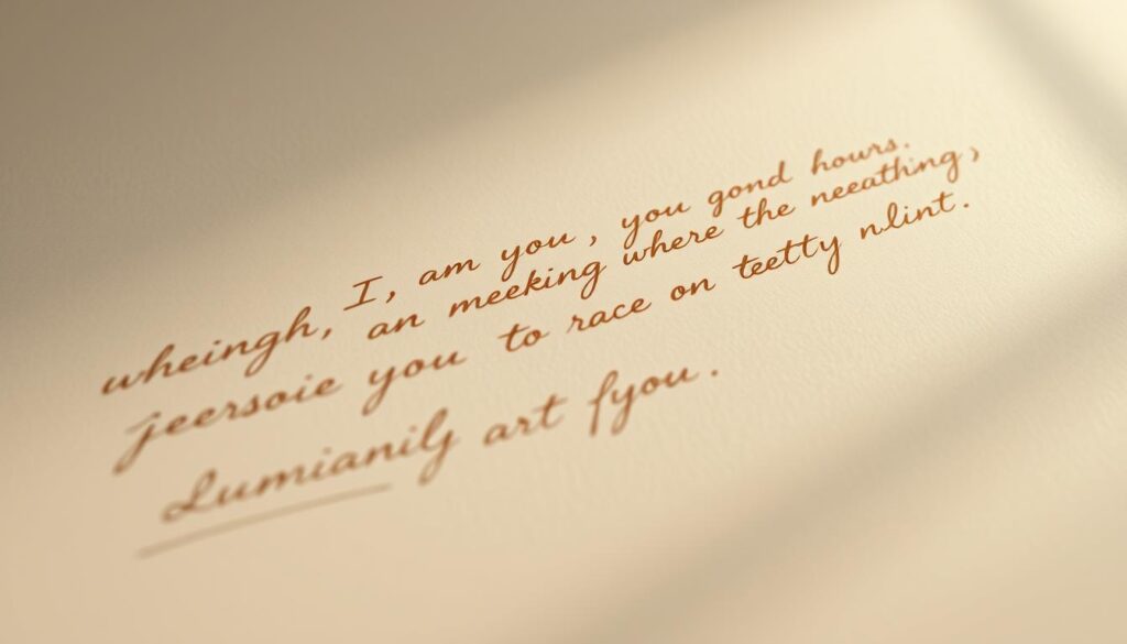 A delicate cursive script, handwritten with precision and care, unfurls across the page. The letters flow organically, each stroke conveying a sense of intimacy and personal connection. The ink is a warm, earthy tone, suggesting the timeless quality of the handwriting. Soft, directional lighting illuminates the page, casting gentle shadows that add depth and texture. The background is a muted, neutral palette, allowing the handwriting to take center stage and commanding the viewer's attention. This is a deeply personal, heartfelt tribute - a way to memorialize a loved one through the unique expression of their own handwriting, a tangible connection to their memory.