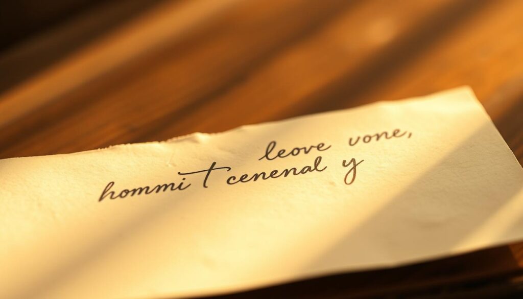 A delicate, elegant handwritten note with a faded, vintage appearance. The penmanship is graceful and flowing, capturing the essence of a heartfelt personal message. The writing is slightly uneven, as if written by hand on aged, lightly textured paper. Warm, soft lighting casts gentle shadows, evoking a sense of nostalgia and intimacy. The composition is centered, allowing the handwriting to be the focal point, with subtle bokeh in the background creating a dreamlike, ethereal atmosphere. The overall mood is pensive, reflective, and deeply personal, resonating with the theme of honoring loved ones through memorial tattoos.