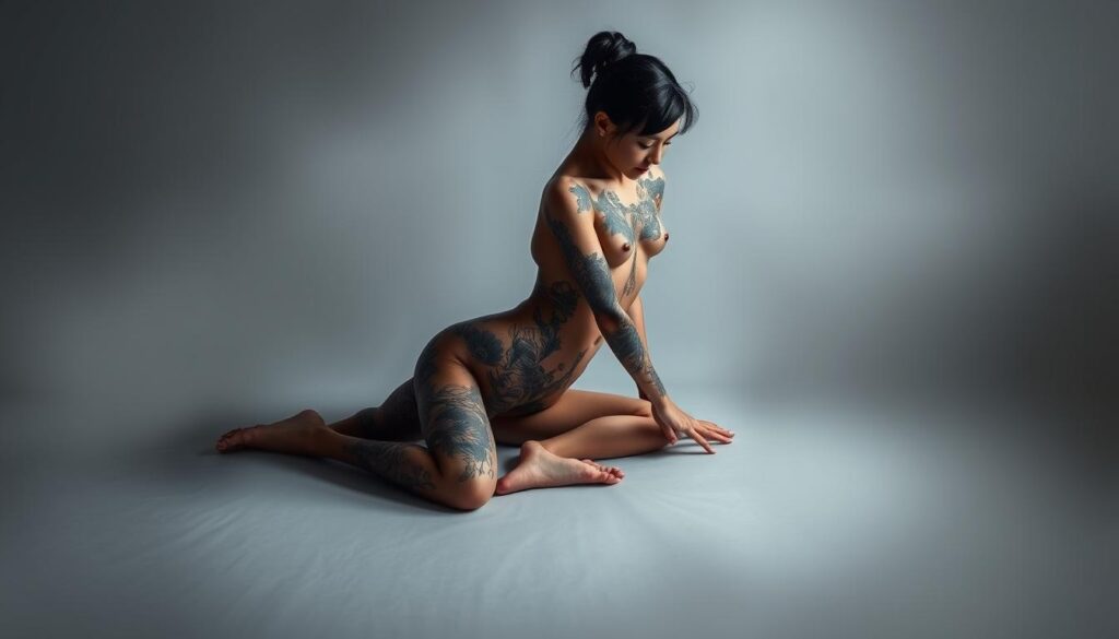 A delicate figure elegantly positioned, the flow of their tattooed body seamlessly integrated with the canvas of skin. Soft, diffused lighting illuminates the intricate designs, highlighting the artistry and symbolism. The pose conveys a sense of balance and harmony, the body's placement accentuating the "wearability" of the tattoos. A serene, contemplative atmosphere pervades the scene, inviting the viewer to appreciate the profound connection between the individual and their Japanese-inspired body art.