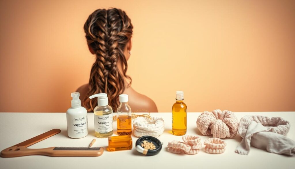 A delicate goddess braid hairstyle with intricate textures and lush, healthy-looking strands. In the foreground, an array of hair care products, tools, and accessories laid out neatly: a wide-tooth comb, leave-in conditioner, hair oil, and soft scrunchies. The middle ground showcases a model's head, the hair freshly washed and gently combed, ready for the braid styling process. The background is a soft, neutral studio setting with warm, even lighting, creating an inviting, serene atmosphere for this hair prep session.