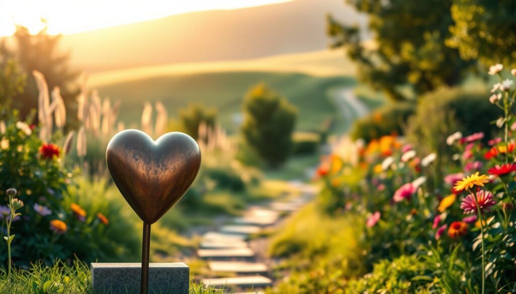 A delicate heart-shaped memorial in a serene natural setting. The foreground features a beautifully crafted bronze heart sculpture, its smooth surface catching the soft, diffused light. The middle ground shows a tranquil garden path lined with lush greenery and vibrant wildflowers, leading the viewer's gaze towards the heart. In the background, a gently sloping hill is bathed in a warm, golden hour glow, creating a peaceful, contemplative atmosphere. The overall composition evokes a sense of solemnity and reverence, with the heart serving as a poignant symbol of cherished memory.