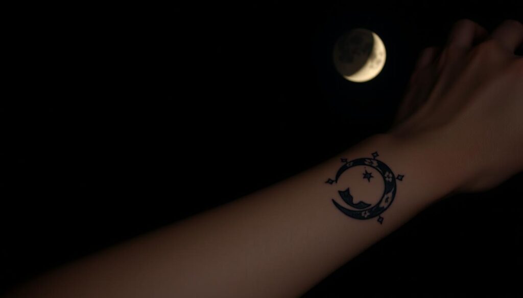 A delicate lunar silhouette set against a starry night sky, the moon's soft glow illuminating a detailed tattoo design on a human forearm. The tattoo depicts a crescent moon with intricate floral patterns and celestial motifs, the lines crisp and the shading subtle. The composition is framed by the natural textures of the skin, creating an intimate, personal feel. Soft, diffused lighting from the side casts gentle shadows, accentuating the dimensional quality of the tattoo. The overall mood is one of quiet contemplation, a harmonious balance between the cosmic and the corporeal.
