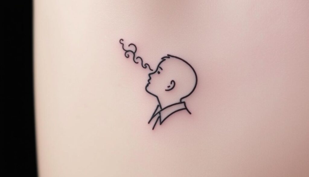 A delicate memorial tattoo design etched into the skin, a poignant tribute to a beloved father. Detailed linework forms a minimalist silhouette - a simple, elegant profile gazing upward, framed by a wisp of smoke or cloud-like wisps. The tattoo is rendered in muted shades of gray, the lines softened to convey a sense of tranquility and reverence. Subtle highlights and shadows add depth, as if the design is emerging from the skin itself. The overall composition is understated yet impactful, a timeless visual expression of cherished memories and eternal love. A delicate memorial tattoo design etched into the skin, a poignant tribute to a beloved father. Detailed linework forms a minimalist silhouette - a simple, elegant profile gazing upward, framed by a wisp of smoke or cloud-like wisps. The tattoo is rendered in muted shades of gray, the lines softened to convey a sense of tranquility and reverence. Subtle highlights and shadows add depth, as if the design is emerging from the skin itself. The overall composition is understated yet impactful, a timeless visual expression of cherished memories and eternal love.