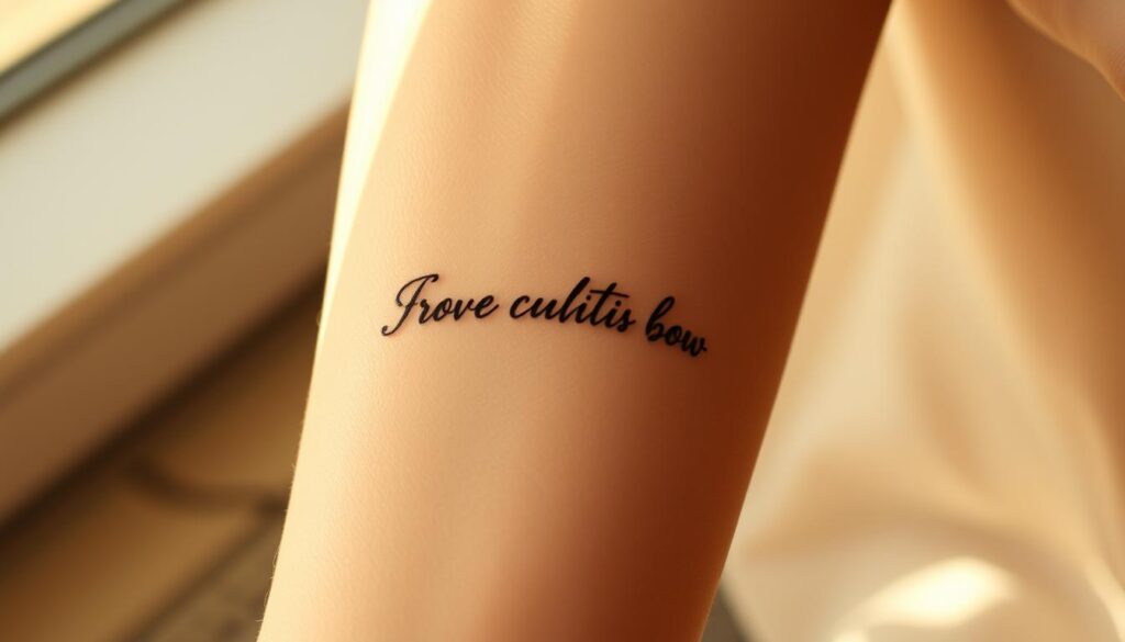 A delicate script tattoo adorns the inner forearm, gracefully curving and flowing like calligraphy. The ink is a deep, rich black, its strokes crisp and defined against the soft, pale skin. The tattoo features a meaningful quote or phrase, the words elegantly intertwined, conveying a powerful message. Warm, natural lighting casts gentle shadows, highlighting the intricate details of the design. The camera angle captures the tattoo in a close-up, intimate perspective, inviting the viewer to appreciate the beauty and significance of the ink. The overall mood is serene, contemplative, and deeply personal.