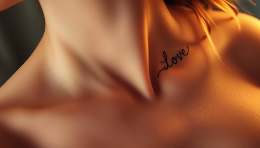 A delicate script tattoo gently tracing the elegant contours of a feminine collarbone, illuminated by soft, warm lighting that accentuates the intricate lettering. The ink flows seamlessly along the bony ridge, creating a captivating visual harmony between the skin and the artwork. The design is subtle yet impactful, with each letter beautifully crafted to complement the natural curves of the clavicle. The scene is captured from a slight overhead angle, allowing the viewer to appreciate the graceful placement and the intimate connection between the body and the ink.