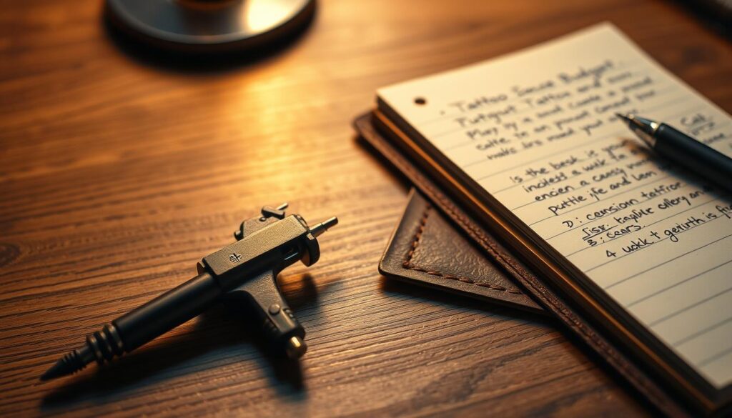 A delicate tattoo gun resting on a wood-grain table, its needle poised and ready. Nearby, a weathered leather-bound notebook displays handwritten notes on tattoo budgets, session timelines, and design ideas. Soft, diffused lighting casts a warm glow, creating an atmosphere of thoughtful preparation. The scene evokes the quiet focus and careful planning that go into the creation of a meaningful, high-quality anime tattoo.