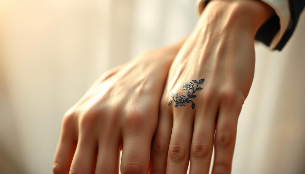 A delicate wedding tattoo adorns the soft skin, capturing the essence of eternal love. In the foreground, the intricate design features entwined floral motifs and a fine-line band, subtly sparkling under a warm, natural light. The middle ground showcases the tattooed fingers, their lines and curves forming a harmonious union. In the background, a hazy, romantic atmosphere sets the mood, with muted colors and a dreamy, out-of-focus quality, emphasizing the intimate and personal nature of this special ink. The resulting image exudes a sense of timeless beauty, symbolizing the deep commitment and enduring bond between the couple.
