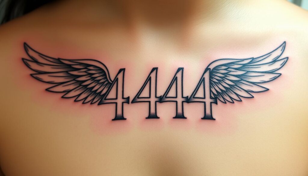 A delicately inked 444 tattoo design, its bold numerals adorned with elegant, outstretched wings. The tattoo is rendered in a realistic, high-detail style, capturing the intricate linework and subtle shading. The wings, resembling those of an angelic or mythical creature, emerge gracefully from the sides of the numerals, conveying a sense of ethereal power and transcendence. The image is captured in soft, directional lighting, creating depth and highlighting the three-dimensional quality of the tattoo. The background is a neutral, minimalist setting, allowing the focal point of the 444 tattoo with wings to take center stage and command attention.