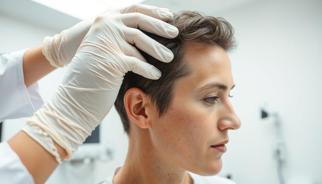 A dermatologist closely examining a patient's scalp under bright, even lighting. The foreground shows the dermatologist's gloved hands carefully parting the patient's hair to inspect the skin for any signs of inflammation, irritation, or abnormal growths. The middle ground captures the patient's face in profile, their expression serene and cooperative. The background is a clean, clinical setting with white walls and medical equipment, conveying a sense of professionalism and care. The overall mood is one of careful, thorough examination and diagnosis, setting the stage for effective treatment.