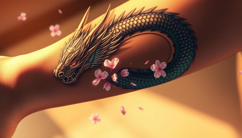 A detailed anime-inspired tattoo design, featuring an intricate, digitally-rendered Japanese dragon wrapping gracefully around the forearm. The dragon's scales shimmer with metallic hues, its fierce eyes locked in an intense gaze. In the middle ground, delicate cherry blossom petals drift, conveying a sense of natural beauty and tranquility. The background is softly blurred, allowing the tattoo design to be the central focus, bathed in warm, directional lighting that accentuates the depth and details. The overall composition and style capture the essence of a captivating, meaningful anime-influenced tattoo.