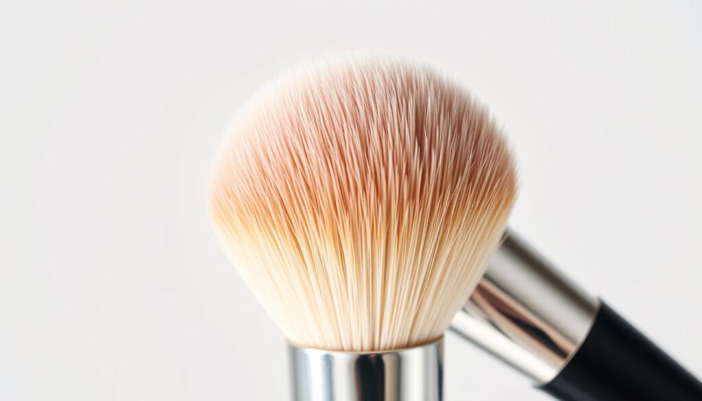 A detailed close-up of a high-quality round makeup brush. The brush has soft, dense, and evenly-distributed bristles that fan out in a symmetrical circular shape. The bristles are a warm, natural beige color, and the ferrule is made of shiny metallic silver. The brush is positioned against a plain, softly-lit background that allows the texture and form of the brush to be the primary focus. The lighting creates a gentle, glowing effect that enhances the sheen of the bristles and ferrule. The depth of field is shallow, ensuring the brush is in sharp focus while the background is pleasantly blurred.