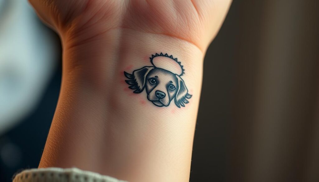 A detailed close-up of a small, delicate tattoo on a person's wrist, depicting a beloved pet's portrait with a halo and wings. The tattoo is rendered in a photorealistic style, with intricate shading and lifelike details that capture the gentle expression and soulful eyes of the animal. The skin around the tattoo appears slightly reddened, indicating it is a fresh piece of body art. The lighting is soft and warm, creating a comforting, reverential atmosphere that evokes a sense of cherished memory and eternal connection with the departed pet. The background is blurred, allowing the tattoo to be the sole focus of the image.