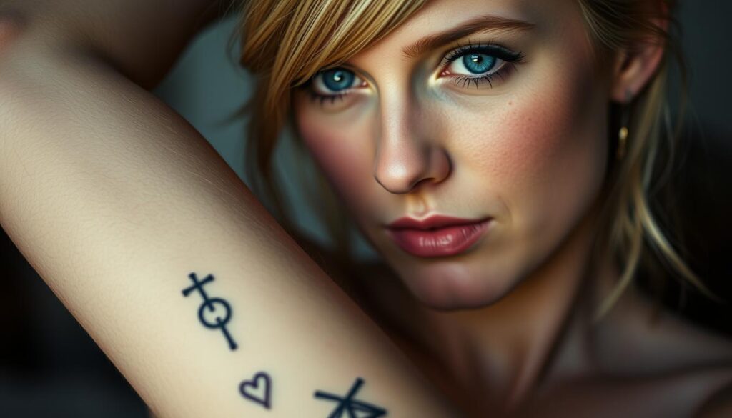 A detailed close-up portrait of Kristen Bell showcasing her intricate tattoos. The actress's face is prominently featured, with her vibrant blue eyes and natural expression. Her arm is extended, revealing a series of delicate, symbolic tattoos adorning her skin. The lighting is soft and flattering, accentuating the contours of her face and the fine details of the ink. The background is blurred, placing the focus entirely on the tattoos and Kristen's captivating features. The overall mood is one of intimacy and introspection, inviting the viewer to explore the personal meaning behind her body art.