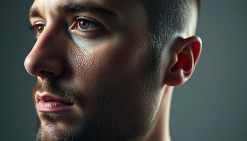 A detailed close-up portrait of a male face, showcasing different facial shapes and structures. The subject is lit with soft, diffused lighting from the side, creating subtle shadows that accentuate the contours of the face. The image is captured with a medium-length lens, providing a slightly compressed perspective that emphasizes the facial features. The background is blurred and neutral, keeping the focus on the face. The overall mood is calm and contemplative, allowing the viewer to study the nuances of the face shape and its potential impact on the choice of a fade haircut.