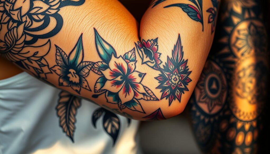 A detailed close-up shot of a female arm showcasing a variety of intricate tattoo styles and techniques, including bold black and gray linework, vibrant color realism, soft watercolor-like shading, and tribal-inspired geometric patterns. The skin has a natural, lifelike texture, illuminated by warm, diffused lighting that casts gentle shadows. The composition focuses on the diversity of artistic styles, highlighting the unique visual qualities and techniques of each design. The overall mood is one of artistic expression, inspiration, and the beauty of the human canvas.