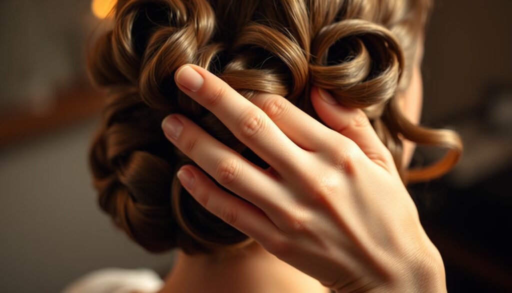 A detailed close-up shot of a woman's hands delicately styling a 1940s-inspired hairstyle. The fingers nimbly manipulate waves, rolls, and pin curls, highlighting the intricate techniques required to achieve the signature vintage looks. Soft, warm lighting illuminates the deft movements, casting gentle shadows that accentuate the elegant gestures. The background is blurred, keeping the focus on the hands and the styling process. The mood is one of graceful precision, evoking the timeless allure of classic Hollywood glamour.
