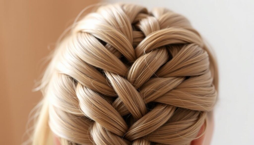 A detailed close-up view of a neatly woven Dutch braid hairstyle. The braid starts at the crown of the head and cascades down the back, with strands of hair intricately crossed over and under each other, forming a symmetrical, defined pattern. The hair has a healthy, shiny appearance with a soft, natural texture. The lighting is soft and diffused, casting gentle shadows that accentuate the volume and depth of the braid. The background is blurred, placing the focus entirely on the intricate hairstyle. The overall mood is one of elegance, simplicity, and the skillful execution of a traditional hair styling technique.