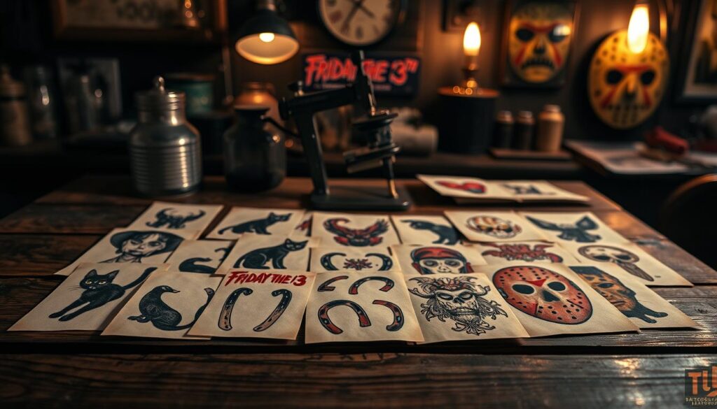 A detailed display of traditional Friday the 13th tattoo flash art, showcased on a weathered wooden surface. In the foreground, an assortment of classic tattoo designs, including black cats, horseshoes, and the iconic Jason mask, are neatly arranged. The middle ground features a vintage tattoo machine, casting a soft glow and adding an authentic touch. The background is dimly lit, with hints of old-school tattoo parlor decor, creating an atmospheric, moody ambiance. The overall scene evokes a sense of anticipation and excitement for the upcoming Friday the 13th tattoo event.