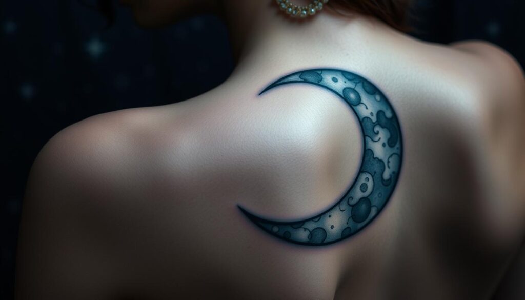 A detailed, ethereal moon tattoo design, showcasing a crescent moon against a starry night sky. The moon's surface is textured with intricate patterns and shading, reflecting the celestial beauty. The tattoo is artfully placed on the subject's skin, blending seamlessly with the natural curves of the body. Soft, diffused lighting illuminates the scene, creating a serene, dreamlike atmosphere. The overall composition conveys a sense of wonder and connection to the mysteries of the cosmos.