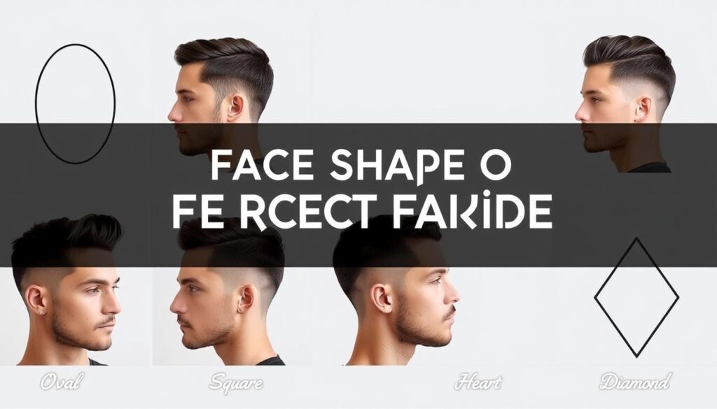 A detailed face shape guide for the perfect fade haircut, showcasing different profiles - oval, round, square, heart, and diamond - against a minimalist, clean background. The lighting is soft and diffused, highlighting the contours and angles of each face shape. The images are presented in a grid layout, allowing for easy visual comparison and selection. The mood is informative and practical, guiding the viewer towards the most flattering fade style for their unique facial features and personal style.