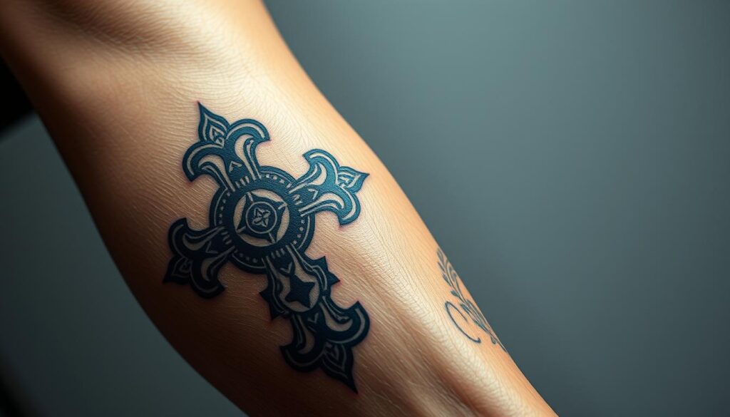 A detailed, high-resolution close-up image of a realistic religious-themed leg tattoo. The tattoo features an intricate, ornate cross design with elaborate patterns and symbols, reminiscent of traditional religious iconography. The tattoo is prominently displayed on the subject's lower leg, with the skin and musculature visible. The lighting is soft and directional, creating subtle shadows and highlights that accentuate the depth and texture of the tattoo. The composition is tight, focusing solely on the tattoo design, with a clean, neutral background that allows the artwork to be the sole subject of the image.