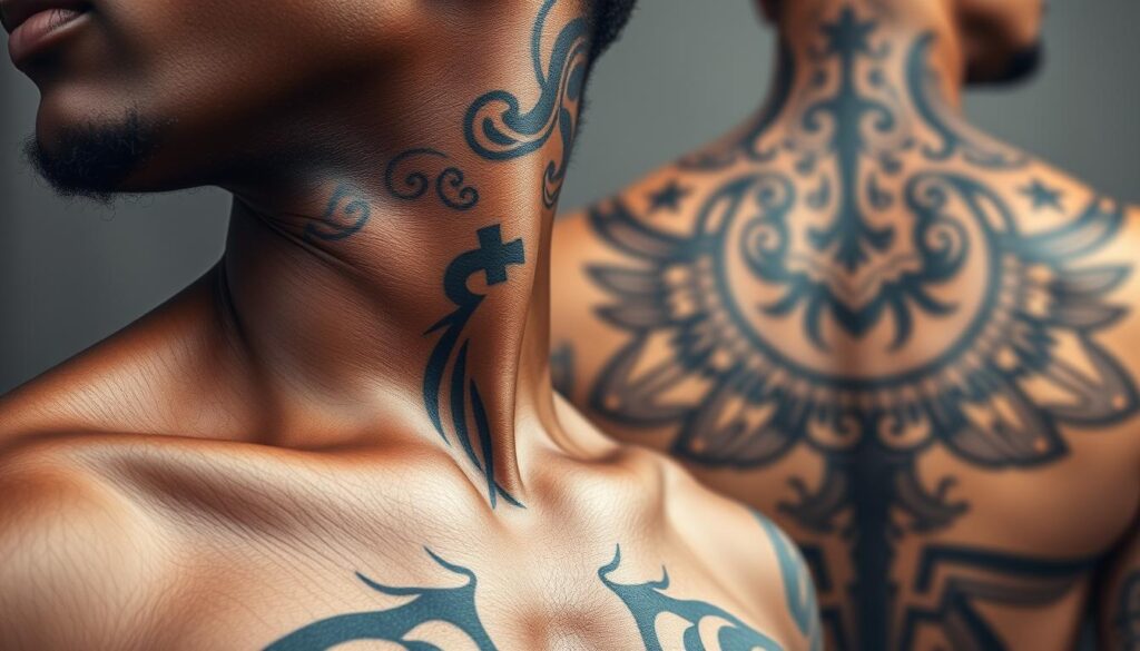 A detailed, high-resolution image of a Black male torso featuring multiple neck tattoo placements. The foreground shows the front, side, and back of the neck, with intricate designs and patterns covering the skin. The middle ground showcases a lower neck tattoo that wraps partially around the neck. In the background, a full neck tattoo envelops the entire area, creating a visually striking and cohesive design. The lighting is soft and natural, highlighting the textures and shading of the tattoos. The overall mood is one of artistic expression and personal identity.