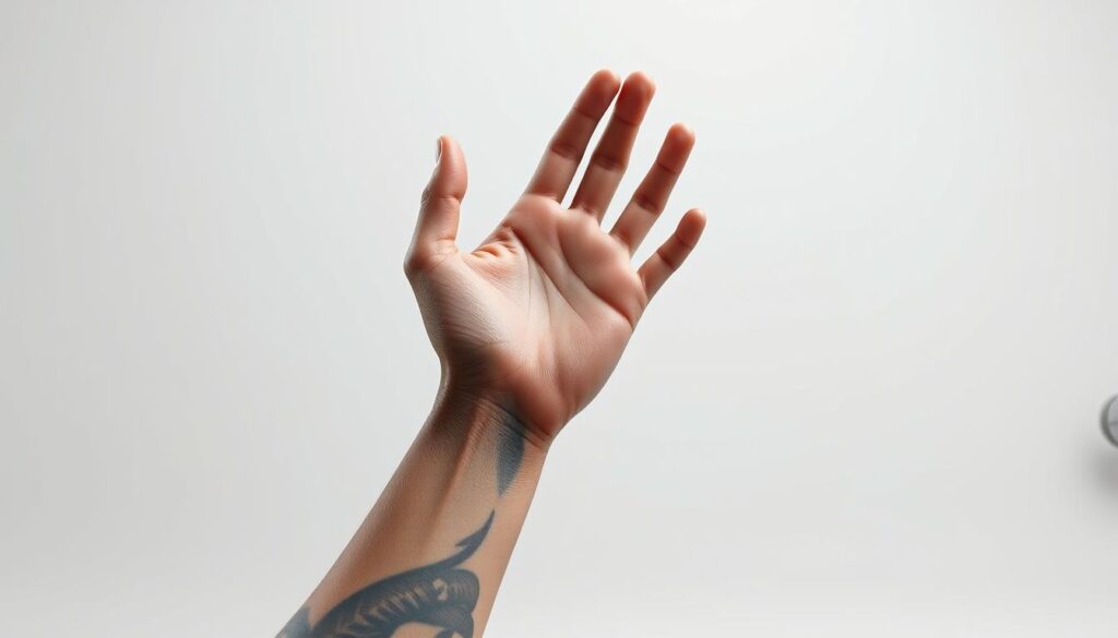A detailed, high-resolution render of a human arm showcasing various sleeve tattoo placements. The foreground features the arm with the elbow bent, exposing the inside of the forearm and the outer upper arm. The middle ground depicts the hand and fingers with the palm facing up, highlighting potential tattoo locations. The background is a clean, neutral studio setting with soft, even lighting, captured with a professional camera lens. The overall mood is one of thoughtful consideration, inviting the viewer to envision the artistic potential of sleeve tattoos.