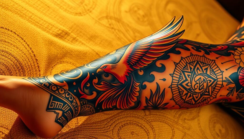 A detailed, highly realistic tattoo sleeve covering the entire leg, showcasing a breathtaking array of intricate designs. The foreground features the main focal point - a striking, full-color tattoo depicting a majestic phoenix in flight, its wings spread wide against a backdrop of swirling flames. The middle ground presents a tapestry of complementary geometric patterns, spirals, and tribal elements that seamlessly flow from the phoenix into the rest of the sleeve. The background captures the textured, skin-like surface of the leg, with subtle highlights and shadows accentuating the contours. Illuminated by warm, dramatic lighting that casts a soft, dramatic glow, the entire composition exudes a sense of power, elegance, and artistry worthy of a true masterpiece.