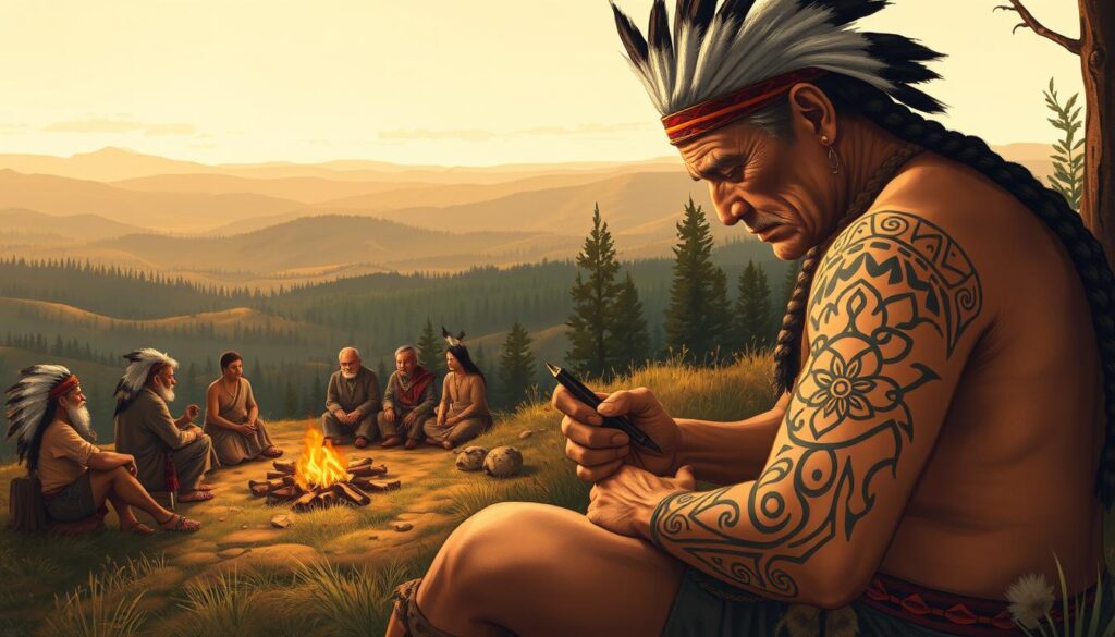 A detailed illustration depicting the history and cultural context of tattooing in North America. In the foreground, a Native American elder carefully etches intricate designs onto the skin of a younger tribal member, using traditional tattooing tools. In the middle ground, a group of elders gather around a fire, sharing stories and teachings about the sacred symbolism of their tribal tattoos. In the background, a vast landscape of rolling hills, dense forests, and a cloudless sky conveys the timeless, natural setting of this ancient practice. The lighting is warm and soft, casting a reverent glow over the scene. The overall mood is one of reverence, tradition, and a deep connection to the land and cultural heritage.