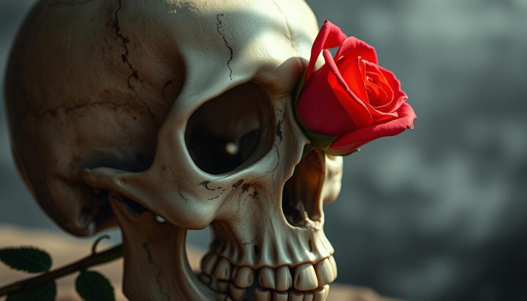A detailed, photorealistic close-up of a skull with a vibrant red rose intertwined around it, showcasing the delicate contrast between the grim visage and the beautiful, life-affirming flower. The skull is positioned in the foreground, with a soft, natural lighting that casts dramatic shadows and highlights the intricate bone structure. The rose's petals unfurl gracefully, their velvety texture and rich hues complementing the morbid yet captivating subject matter. The background is hazy and ethereal, allowing the skull and rose to take center stage and evoke a sense of the duality between life and death, beauty and decay.