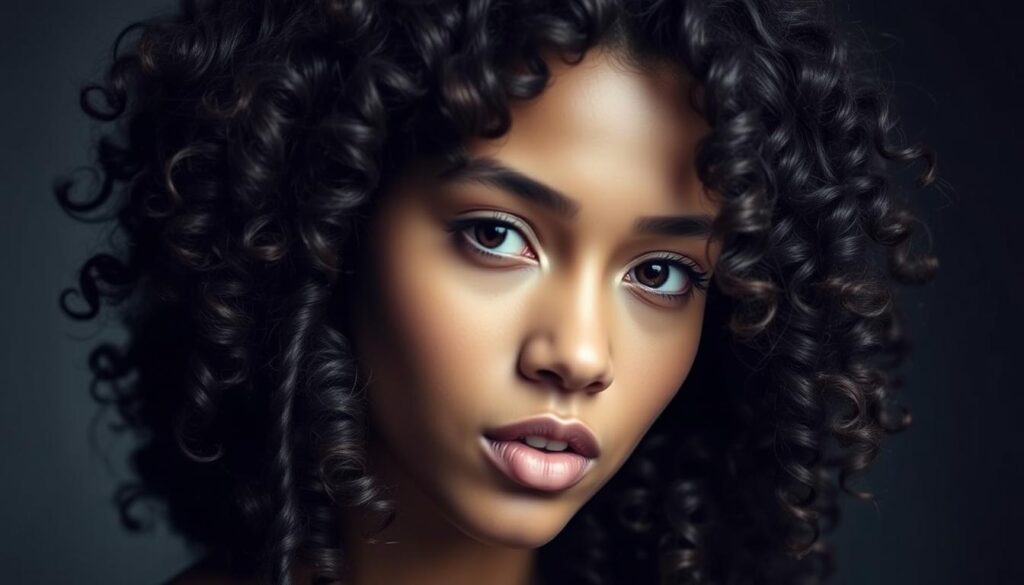 A detailed portrait of a person with voluminous, spiraling curls cascading down their face and shoulders, captured in soft, diffused lighting that accentuates the texture and movement of the hair. The subject's expression is serene and contemplative, their gaze directed slightly off-camera. The background is muted and atmospheric, allowing the focal point to be the subject's captivating hairstyle. The overall composition evokes a sense of effortless elegance and natural beauty, perfectly suited to illustrate a guide on fades for curly, wavy, and afro textures.