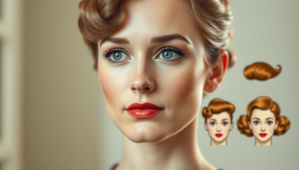 A detailed portrait of a woman's face, showing the various face shapes and their corresponding 1950s hairstyle options. Soft, natural lighting illuminates her features, captured with a medium-range lens at a slight angle. Her expression is serene, conveying the elegance and sophistication of the era. In the foreground, her face is the central focus, with distinct outlines of her chin, cheekbones, and forehead shapes. The middle ground showcases a selection of classic 1950s hairstyles, including a bouffant, victory rolls, and a short, curled style, to demonstrate how different face shapes can be complemented. The background is subtly blurred, maintaining the emphasis on the face and hairstyles.