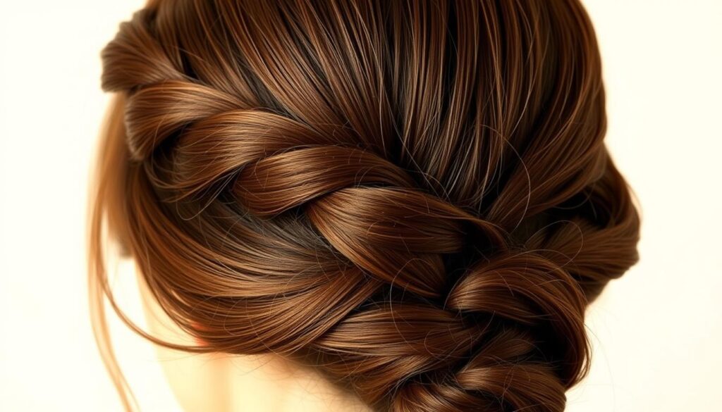 A detailed, realistic image of a classic French braid hairstyle. The braid should be centered and visible, flowing smoothly from the top of the head down to the nape of the neck. Lighting should be warm and natural, with gentle shadows accentuating the texture and volume of the hair. The overall composition should be clean and minimalist, focusing solely on the intricate braid without any distracting backgrounds or elements. The image should convey a sense of simplicity, elegance, and the timeless appeal of this iconic hairstyle.