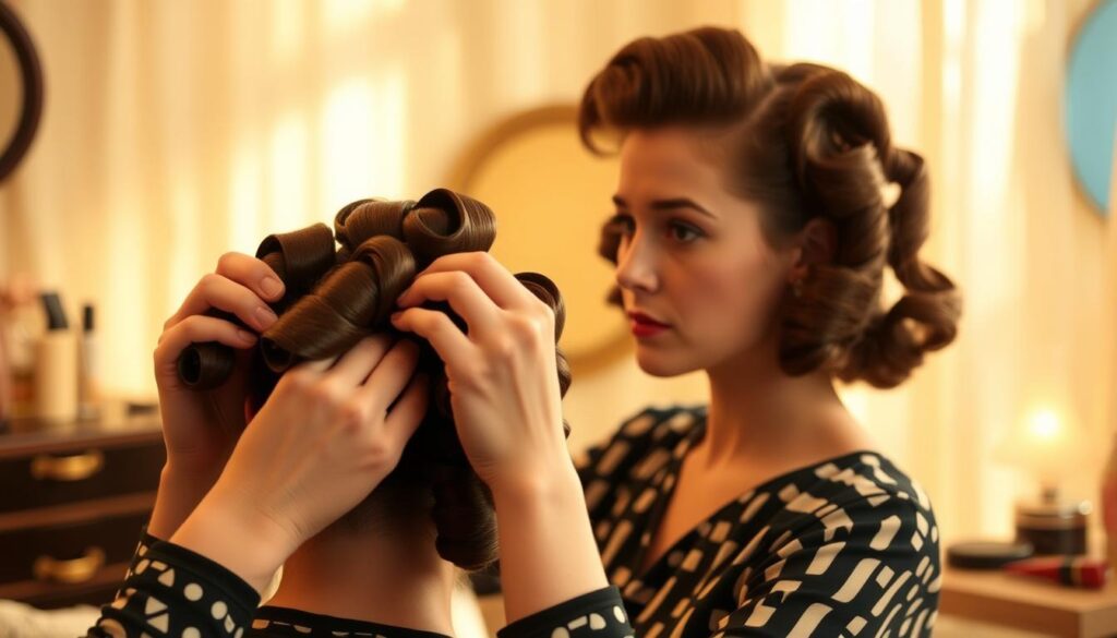 A detailed step-by-step tutorial on creating classic 1950s pin curls. In the foreground, a woman's hands meticulously styling her hair, rolling and pinning individual locks. The middle ground shows her face in profile, her expression focused and determined. The background is a soft, hazy 1950s-inspired setting, with vintage styling tools and accessories visible. Warm, diffused lighting casts a golden glow, evoking the nostalgia and glamour of the era. The overall mood is one of patient craftsmanship, as the woman masterfully transforms her hair into the elegant, sculpted waves of a perfect 1950s pin curl style.