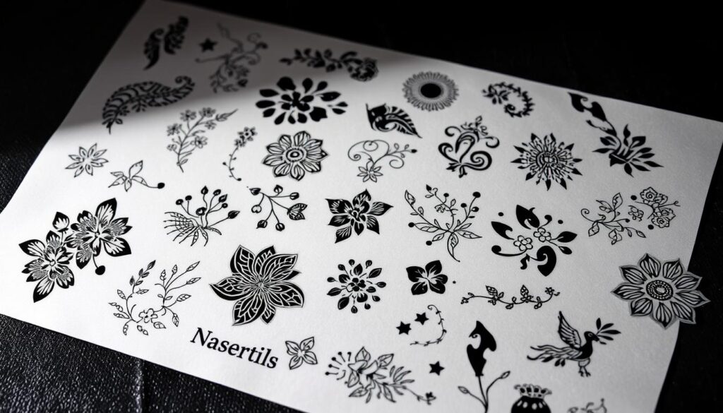 A detailed tattoo stencil sheet with a variety of intricate designs, meticulously arranged on a dark, textured background. The stencils feature delicate floral patterns, abstract geometric shapes, and whimsical motifs, all rendered in a crisp, high-contrast style that showcases their precise lines and intricate details. The sheet is lit from above, casting dramatic shadows that add depth and dimension to the composition. The overall mood is one of elegance and sophistication, perfectly complementing the subject of the article's "Tattoo Stencils and Sets: Precise, Easy, Wow" section.