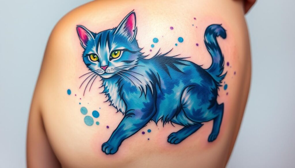 A detailed watercolor tattoo of a cat, its fur rendered in vibrant brushstrokes of blues, greens, and purples. The feline is captured in a dynamic, lifelike pose, its eyes shimmering with personality. The tattoo design flows seamlessly across the skin, creating a sense of movement and fluidity. Soft lighting illuminates the tattoo, highlighting the organic textures and creating a dreamlike, ethereal quality. The background is minimalist, allowing the captivating cat tattoo to take center stage. The overall composition conveys a sense of artistry, capturing the essence of a watercolor cat tattoo that would be a stunning addition to any body canvas.