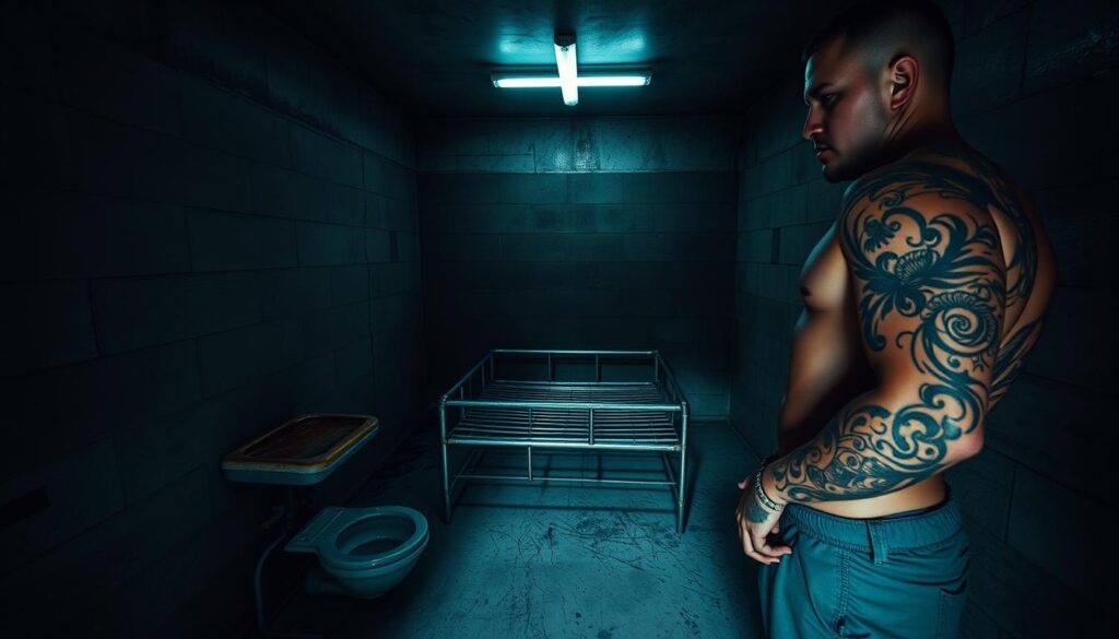 A dimly lit, grim interior of a Russian prison cell. The walls are bare concrete, a metal bunk occupies the center, and a rusted sink and toilet stand in the corner. Harsh fluorescent lighting casts long shadows, creating an oppressive atmosphere. Intricate tattoos cover the arms and torso of an inmate, their intricate designs a silent testament to the prison's hierarchy and culture. The scene exudes a sense of isolation, confinement, and the harsh realities of the Russian penal system.
