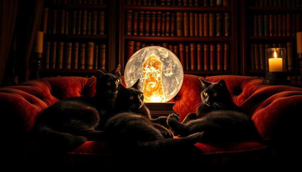 A dimly lit room, filled with the eerie glow of a crystal ball, casts an enchanting shadow on three black cats lounging on a plush velvet couch. The felines' onyx fur glistens in the warm candlelight, their piercing yellow eyes peering into the mystical orb. In the background, a bookshelf overflows with ancient tomes, hinting at the occult knowledge within. The scene exudes an air of mystery and mysticism, perfectly capturing the essence of the "Cat lovers' corner: black cats, crystal balls, and costumes" section.