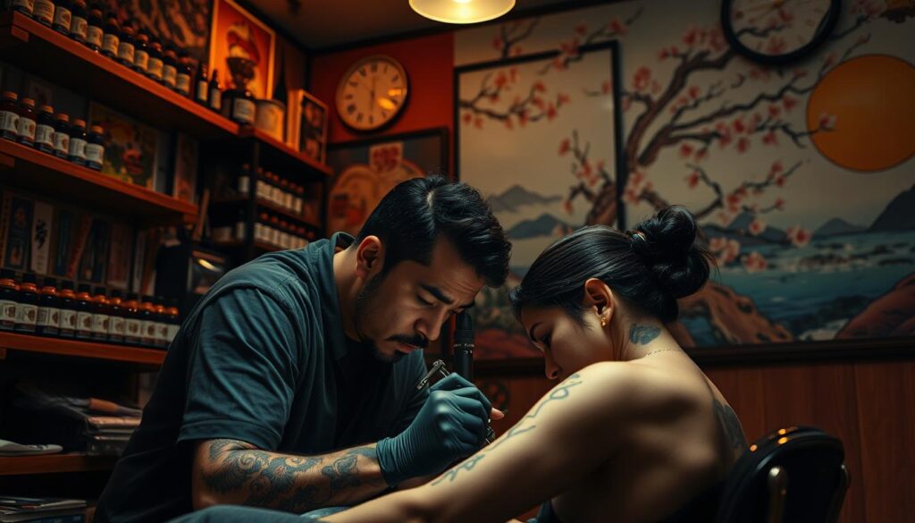 A dimly lit tattoo parlor, its walls adorned with vibrant Japanese-inspired artwork. In the foreground, a skilled artist hunches over a client, the hum of the tattoo gun punctuating the air. Shelves of inks and needles line the walls, casting a warm, amber glow. The client's face is a mask of concentration, their skin slowly transforming under the artist's steady hand. In the background, a mural of cherry blossoms and a serene landscape sets the mood, hinting at the rich cultural heritage and artistry behind the practice of Japanese tattooing.