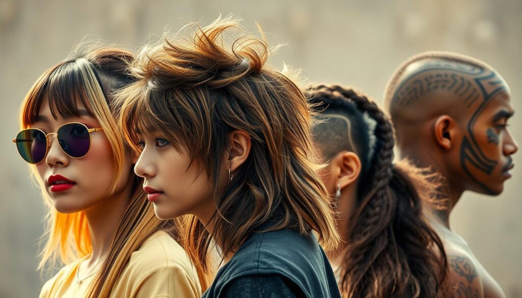 A diverse array of global mullet styles, each with a unique cultural flair. In the foreground, a sleek, angular mullet with heavy fringe and bold, jewel-toned highlights evokes the contemporary Korean street style. In the middle ground, a shaggy, textured mullet with sun-kissed, ombre tones speaks to the sun-drenched surfer vibes of Australia. In the background, a tightly cropped, low-fade mullet with intricate tribal-inspired patterns nods to the bold, expressive hairstyles of Africa. Lit by a warm, diffused natural light, the styles seamlessly blend together, showcasing the mullet's enduring adaptability across cultures and regions.