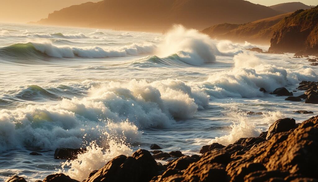 A dramatic coastal scene, with powerful waves crashing against a rocky shoreline. The turbulent ocean is illuminated by warm, golden afternoon sunlight, casting shimmering highlights across the churning water. In the background, a gently rolling hillside is dotted with lush, verdant foliage. The overall mood is one of energy and motion, evoking the dynamic spirit of a bygone era. The composition is carefully balanced, with the waves taking center stage and the landscape elements providing a harmonious backdrop. A high-resolution, cinematic-style camera angle captures the scene, showcasing the grandeur and cinematic potential of this timeless setting.