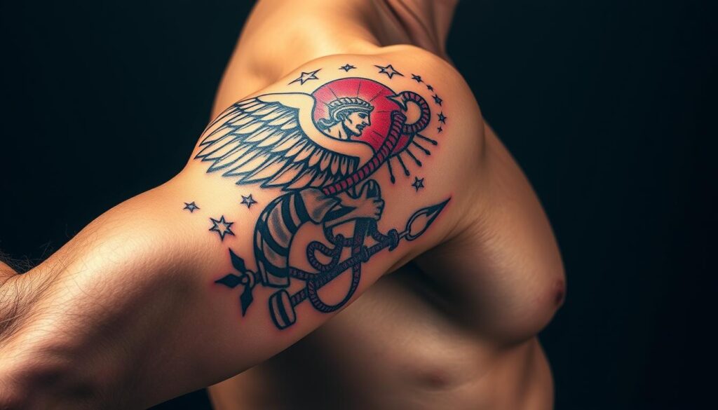 A dynamic, intricate Hermes tattoo design featuring the Greek god's iconic winged sandals, caduceus staff, and celestial symbols. The artwork showcases Hermes' role as the swift-footed messenger, with a detailed linework style and vibrant color palette that evokes the energy and movement associated with this Olympian deity. The tattoo is depicted on a muscular, masculine arm, creating a harmonious blend of ancient mythological iconography and modern body art. Dramatic, dramatic lighting and a dramatic angle emphasize the powerful, mystical essence of the design.