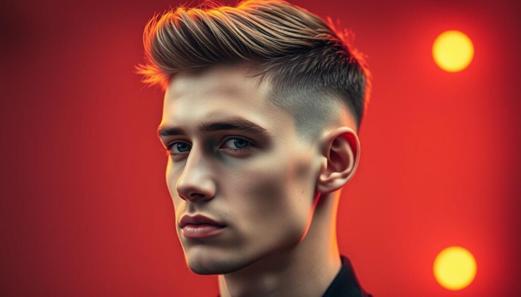 A finely crafted undercut hairstyle, the top section showcasing a structured, slightly disheveled texture. The sides cleanly faded from a close-cropped undercut, the transition seamless. Vibrant studio lighting casts a warm glow, accentuating the subtle highlights and shadows that define the intricate cut. The model's expression is one of confident nonchalance, their gaze direct and unwavering. The overall aesthetic evokes a sense of modern sophistication and effortless style, a testament to the skill of the hairstylist.
