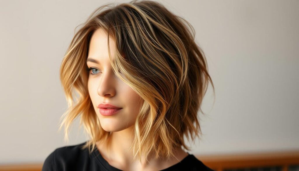 A flattering layered bob hairstyle with wispy, shaggy texture and dimensional volume. The model has medium-length wavy hair with soft, face-framing layers that create an effortless, tousled look. Warm, natural lighting casts subtle shadows and highlights the dynamic movement of the layers. The background is a simple, neutral setting that allows the hairstyle to be the focal point. The overall atmosphere is modern, youthful, and stylish, capturing the essence of a trendy, versatile bob haircut.