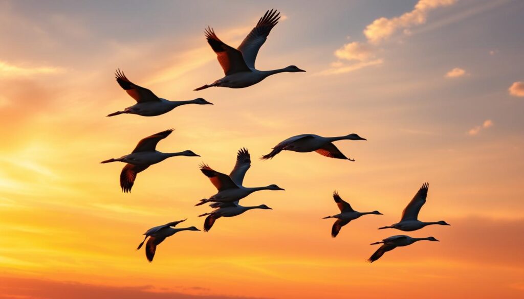 A flock of majestic birds soaring gracefully against a vibrant sunset sky, their wings outstretched, feathers glimmering in the warm, golden light. The scene is captured from a low angle, emphasizing the power and elegance of their flight. The birds appear to be geese or cranes, their elongated necks and sleek bodies cutting through the air with effortless precision. The background is a serene, painted landscape, with wispy clouds and a horizon line that seamlessly blends the sky and earth. The overall mood is one of tranquility, harmony, and a deep appreciation for the beauty of nature.