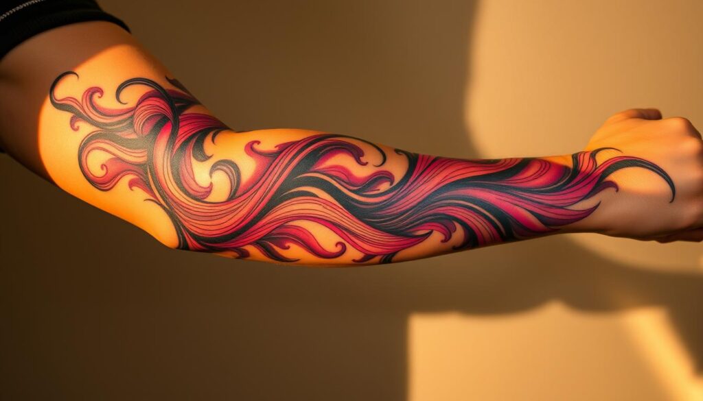 A flowing, dynamic sleeve tattoo design with intricate linework and vibrant color gradients. The tattoo artist's skilled hand guides the ink, creating an organic, mesmerizing pattern that seems to move and undulate across the skin. Warm, directional lighting highlights the depth and dimensionality of the design, casting subtle shadows that accentuate the contours of the arm. The overall composition is both visually striking and technically impressive, showcasing the true artistry of the sleeve tattoo craft.