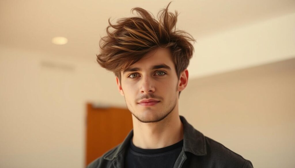 A fluffy-haired man with a stylish, modern Edgar haircut stands in a well-lit, airy room. His hair, tousled and textured, frames his face in a flattering way. Warm, soft lighting accentuates the volume and movement of his hairstyle. The man's expression is relaxed and confident, reflecting the effortless elegance of the Edgar cut. The background is minimalist, with clean lines and muted colors, allowing the subject to be the focus of the image. The overall atmosphere is one of casual sophistication, showcasing the versatility and appeal of this contemporary hairstyle.