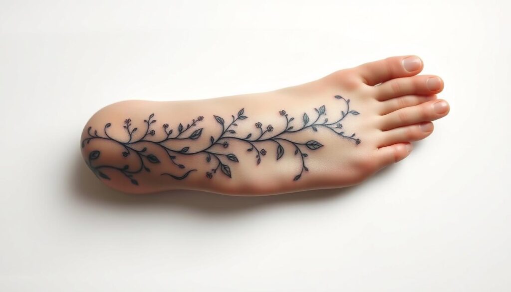 A fluid, organic tattoo design flowing gracefully across the top of a bare foot. Intricate, nature-inspired patterns of vines, leaves, and delicate flowers dance across the skin, their curves complementing the foot's contours. Soft, diffuse lighting from above casts gentle shadows, emphasizing the design's depth and dimension. The composition is carefully balanced, drawing the eye along the foot's natural lines. The overall mood is one of elegant, understated beauty - a tattoo that appears to move in harmony with the body's movements.