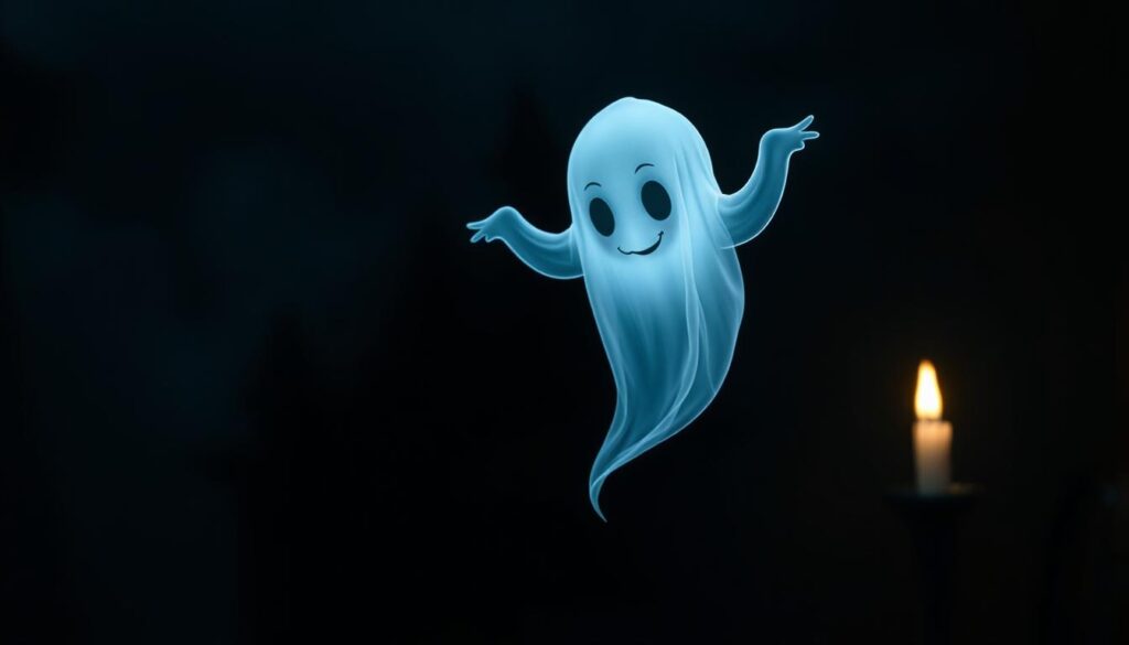 A ghostly apparition hovers in a dimly lit, eerie atmosphere. Its wispy, translucent form emits a faint, bluish glow, casting an ethereal light upon the surrounding darkness. The ghost's expression is both unsettling and captivating, with hollow eyes and a subtle, enigmatic smile. The background is shrouded in deep shadows, creating a sense of mystery and the unknown. Soft, flickering candlelight illuminates the scene, adding to the haunting ambiance. The overall composition evokes a sense of both whimsy and unease, perfect for illustrating the "Ghosts that go from adorable to eerie" section of the Halloween tattoo article.