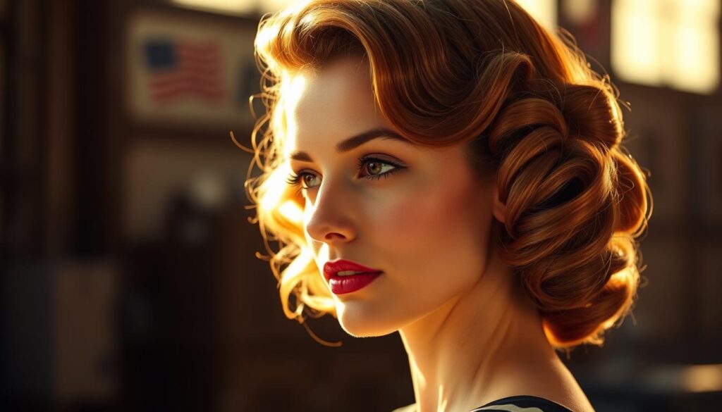 A glamorous 1940s-style hairstyle with soft, voluminous waves and a slight vintage-inspired curl at the ends. The model's face is in a gentle, serene expression, capturing the effortless elegance of the era. Warm, golden lighting from the side creates dimensional shadows and highlights, accentuating the intricate details of the coiffure. The background is a softly blurred industrial setting, hinting at the influence of wartime styles and women's roles in factories. A timeless, cinematic atmosphere pervades the scene, evoking the spirit of classic Hollywood and the shifting social landscape of the 1940s.